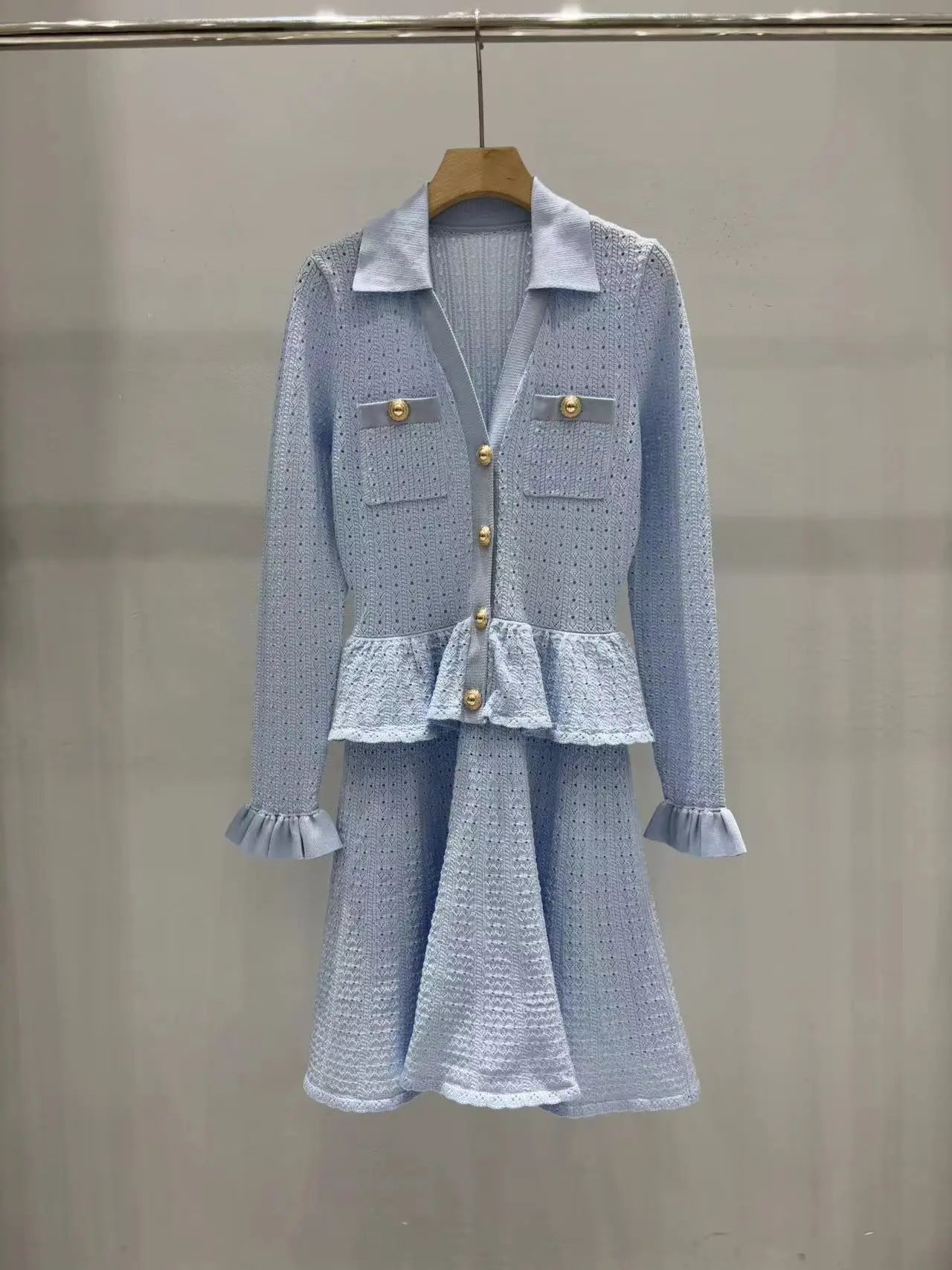 2025 new dress women knitted sweater V-neck ruffled cutout knitted dress matte blue slimming figure-accentuating evening dress