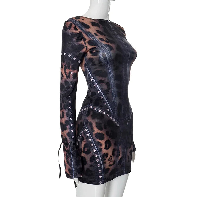 2025 Autumn And Winter New Women'S Fashion Leopard Print Slim Flared Long-Sleeved Package Hip Short Skirt Dresses Y2K