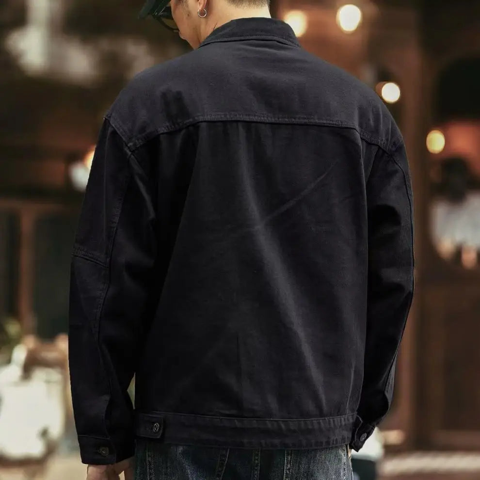 Classic vintage denim jacket for men, autumn and winter heavyweight washed turtleneck jacket, trendy and cool French workwear