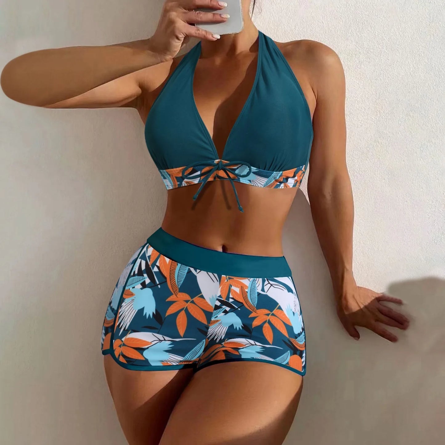 Shorts Bikinis Set High Waist Swimsuit Women Swimwear 2 Pieces Plant Print Bathers Bathing Swim Suit Beachwear