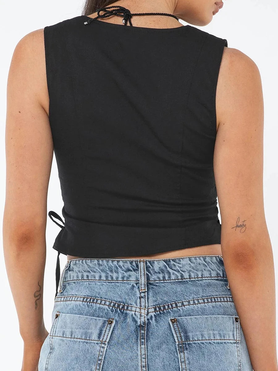 Women s Summer Tank Tops Solid Color Front Button Vest Side Cross Tie-Up Waistcoat Streetwear