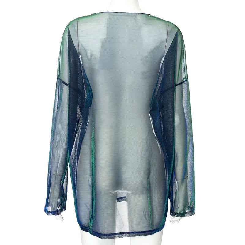 Solid See Through Tshirt Women Sexy Tops O-Neck Long Sleeve Oversized T Shirt For Women Clothing Club Y2k Aesthetic Egirl Tees