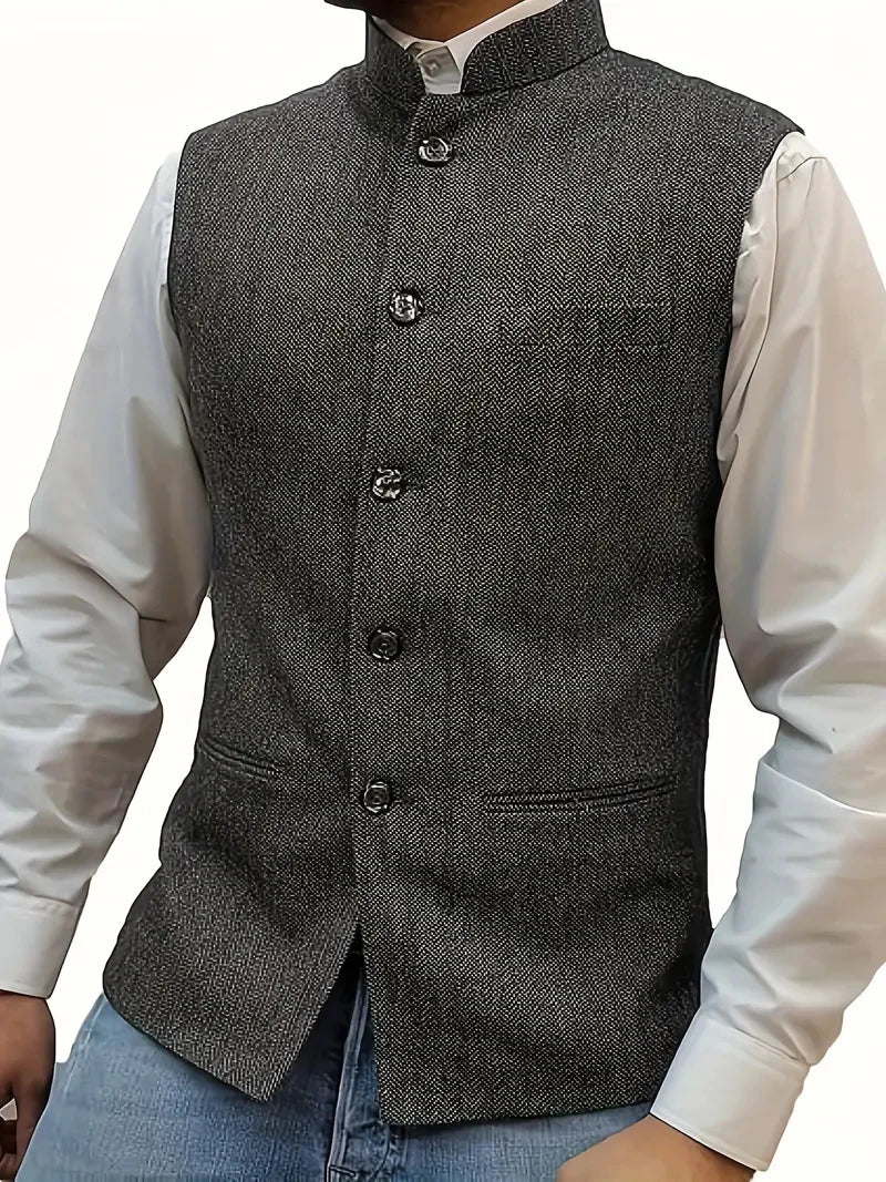 Elegant Slim Fit Tweed Wool Vests Suits Men's Suit Business Tweed High Collar Waistcoats Slim Fit Herringbone Vests