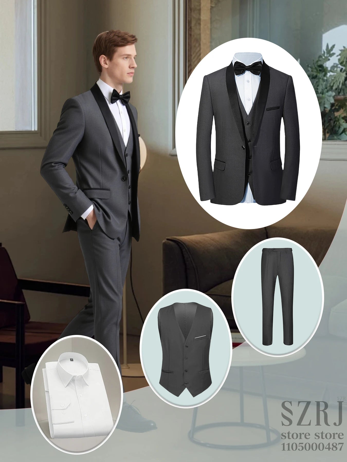 4Piece Men's Formal Suit Set Solid 2-Button Blazer+Vest+Shirt+Pants, Regular Fit for Business/Wedding/Office, All-Season