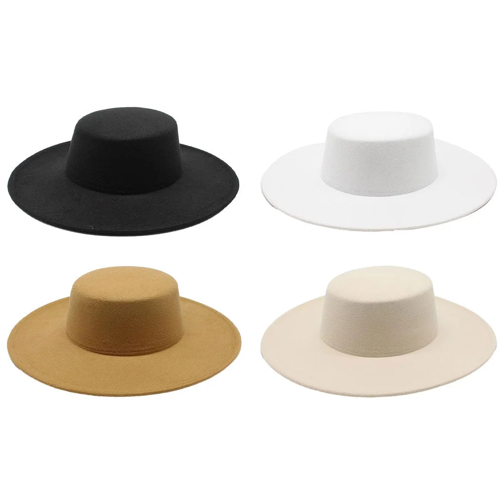 French Women's Hat Big Wide Brim 10CM Fedora Hat Winter Wool Derby Wedding Jazz Hats Flat Top Felt Hat
