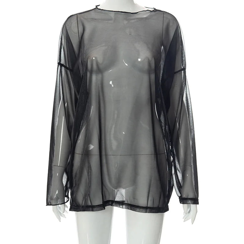 Solid See Through Tshirt Women Sexy Tops O-Neck Long Sleeve Oversized T Shirt For Women Clothing Club Y2k Aesthetic Egirl Tees