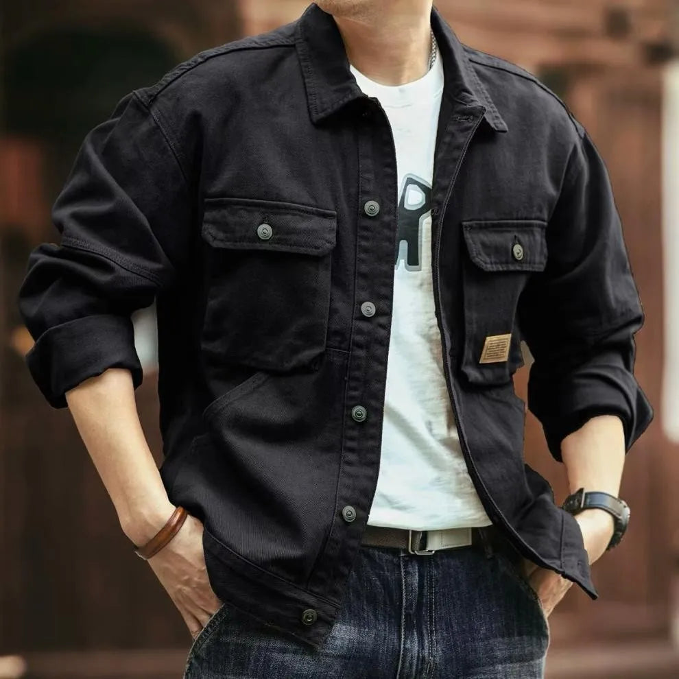 Classic vintage denim jacket for men, autumn and winter heavyweight washed turtleneck jacket, trendy and cool French workwear