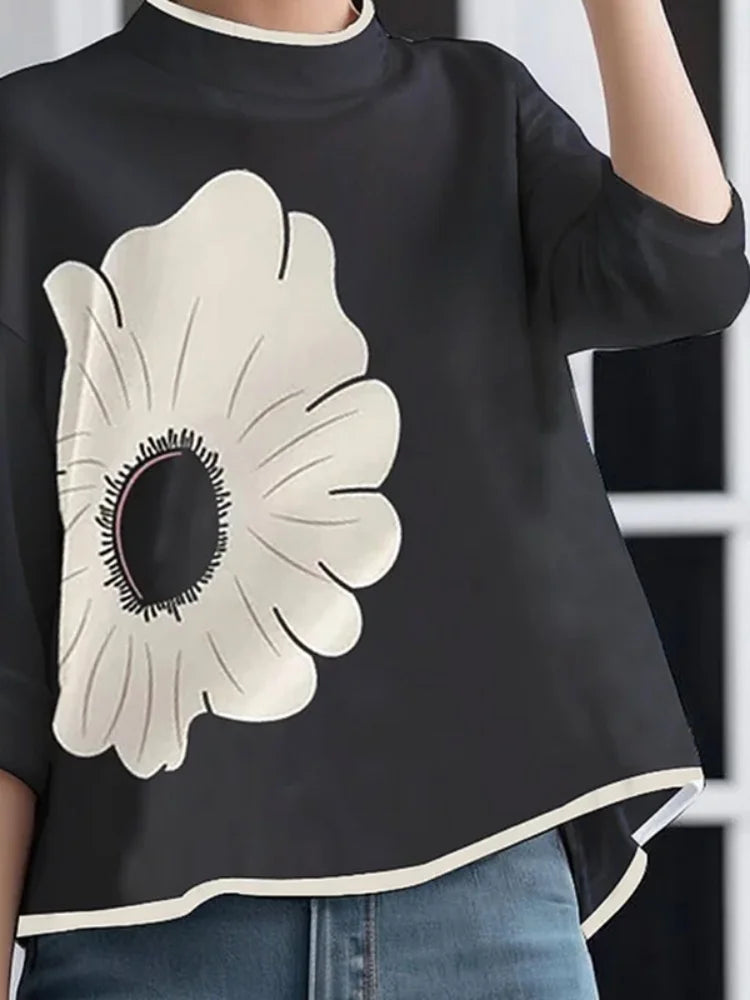 FashionWomen's Flower Printed Clothes T-Shirts 2025 Mock Neck T-Shirts Summer Black Casual Autumn y2k Tops For Women 2XL