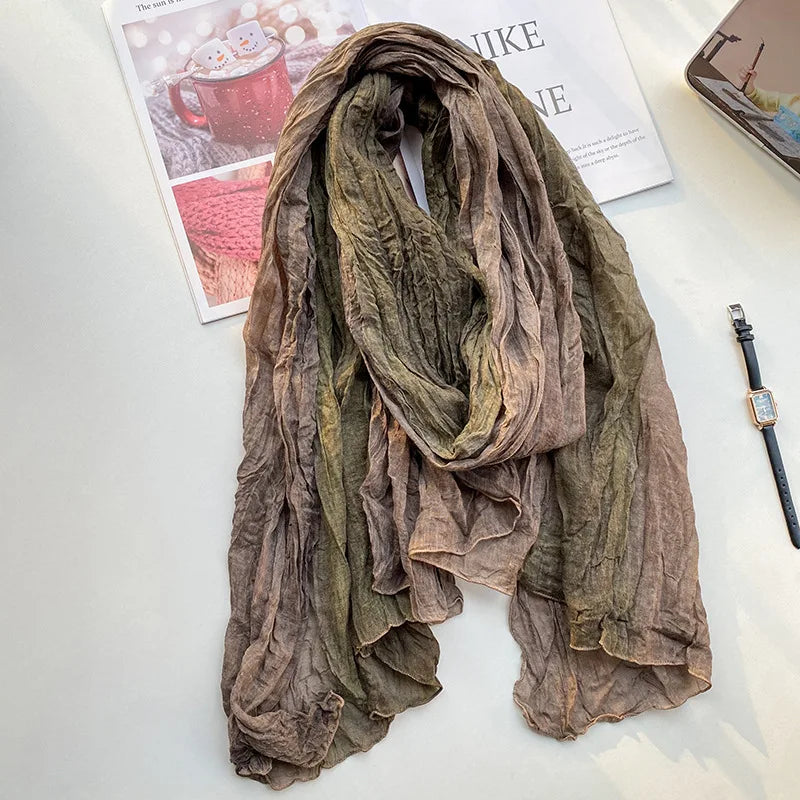 Retro Ethnic Style Cotton and Linen Scarf Women Tie-dye Long Folds Gradual Change Color Shawl Korean Literary Fresh Cotton Silk