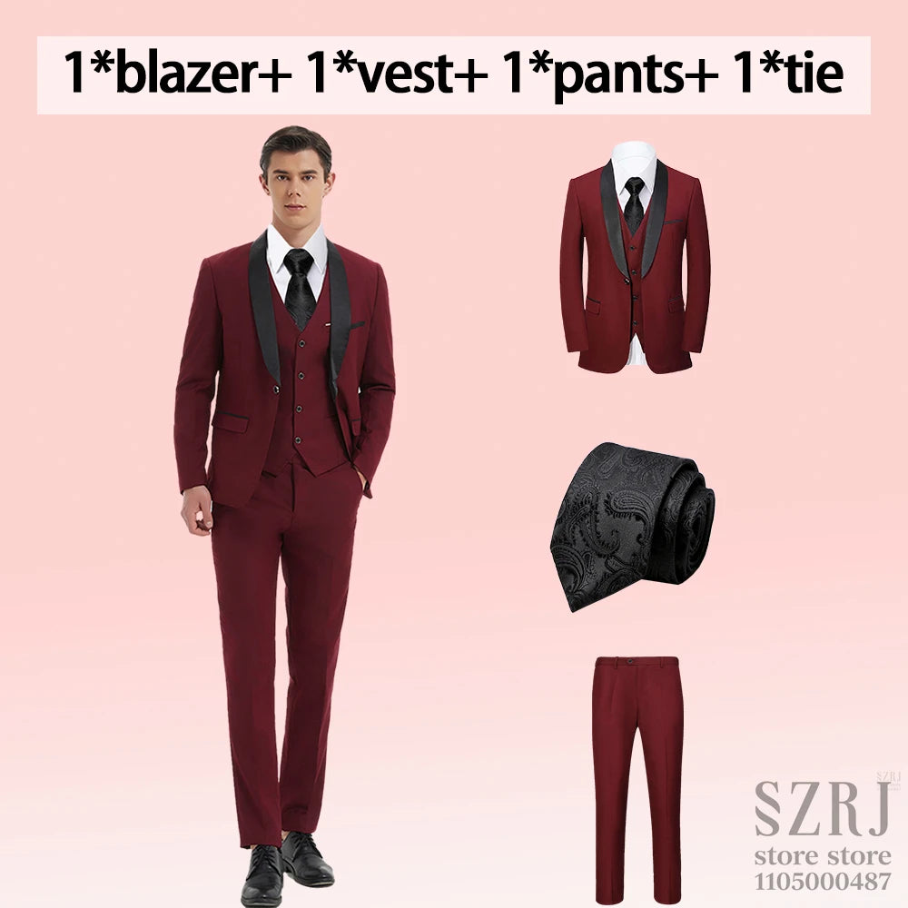 4pcs Men's Suit: Blazer, Vest, Pants, Black Tie. One Button, Plain Color Tuxedo. Regular Fit. For Wedding, Groomsman Attire.