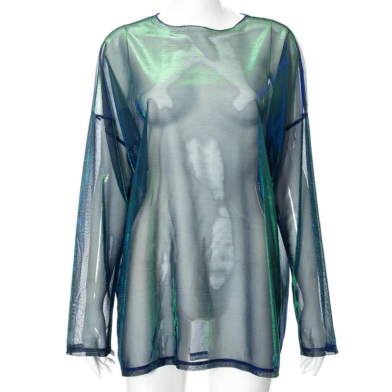 Solid See Through Tshirt Women Sexy Tops O-Neck Long Sleeve Oversized T Shirt For Women Clothing Club Y2k Aesthetic Egirl Tees