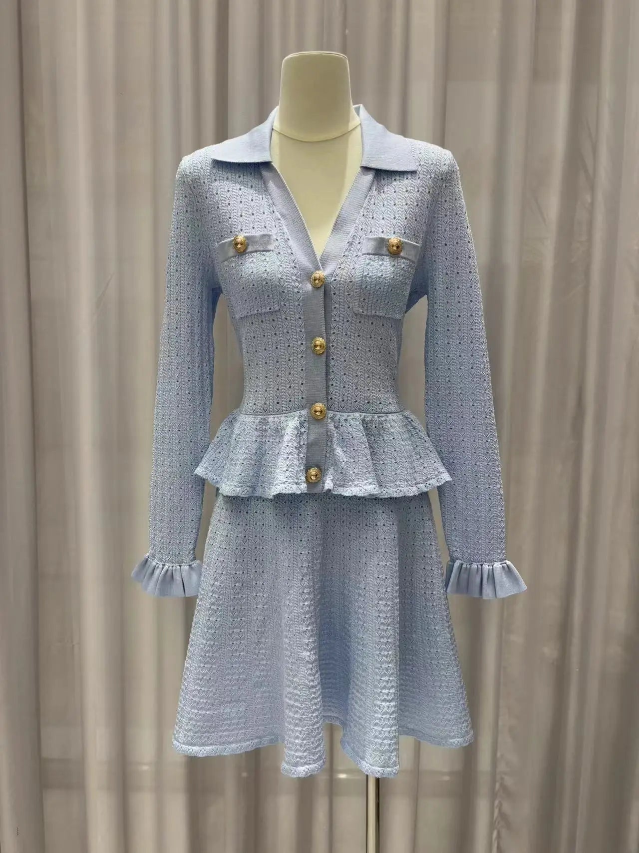 2025 new dress women knitted sweater V-neck ruffled cutout knitted dress matte blue slimming figure-accentuating evening dress