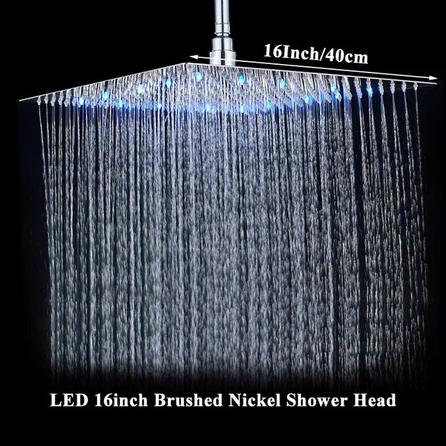 LED Light Bathroom Shower Head 16 inch Big Rainfall Shower Faucets Accessory Top Square Brass Ultra-thin Shower Head