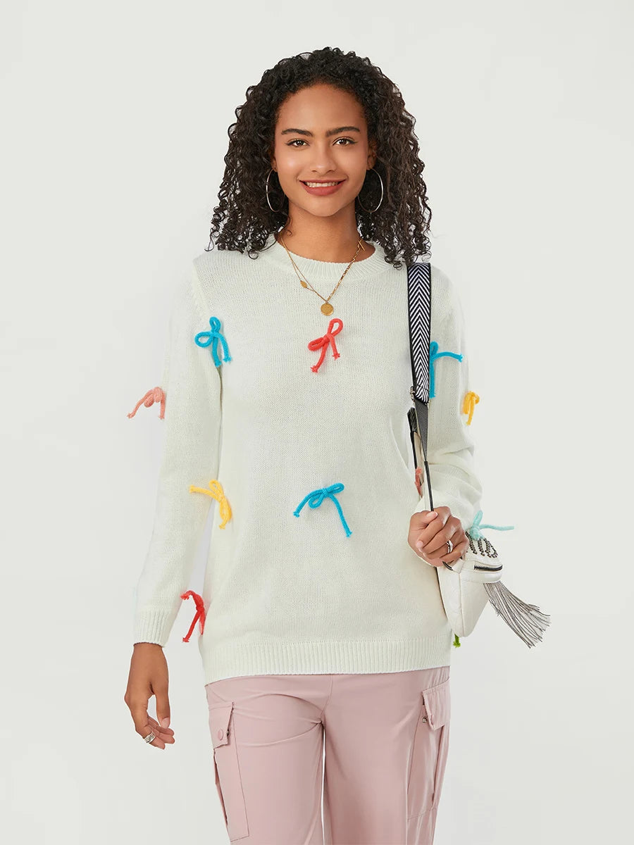 Women Cute Sweaters Casual Colorful Bow Warm Long Sleeve Pullover Basic Knitwear for Fall Streetwear