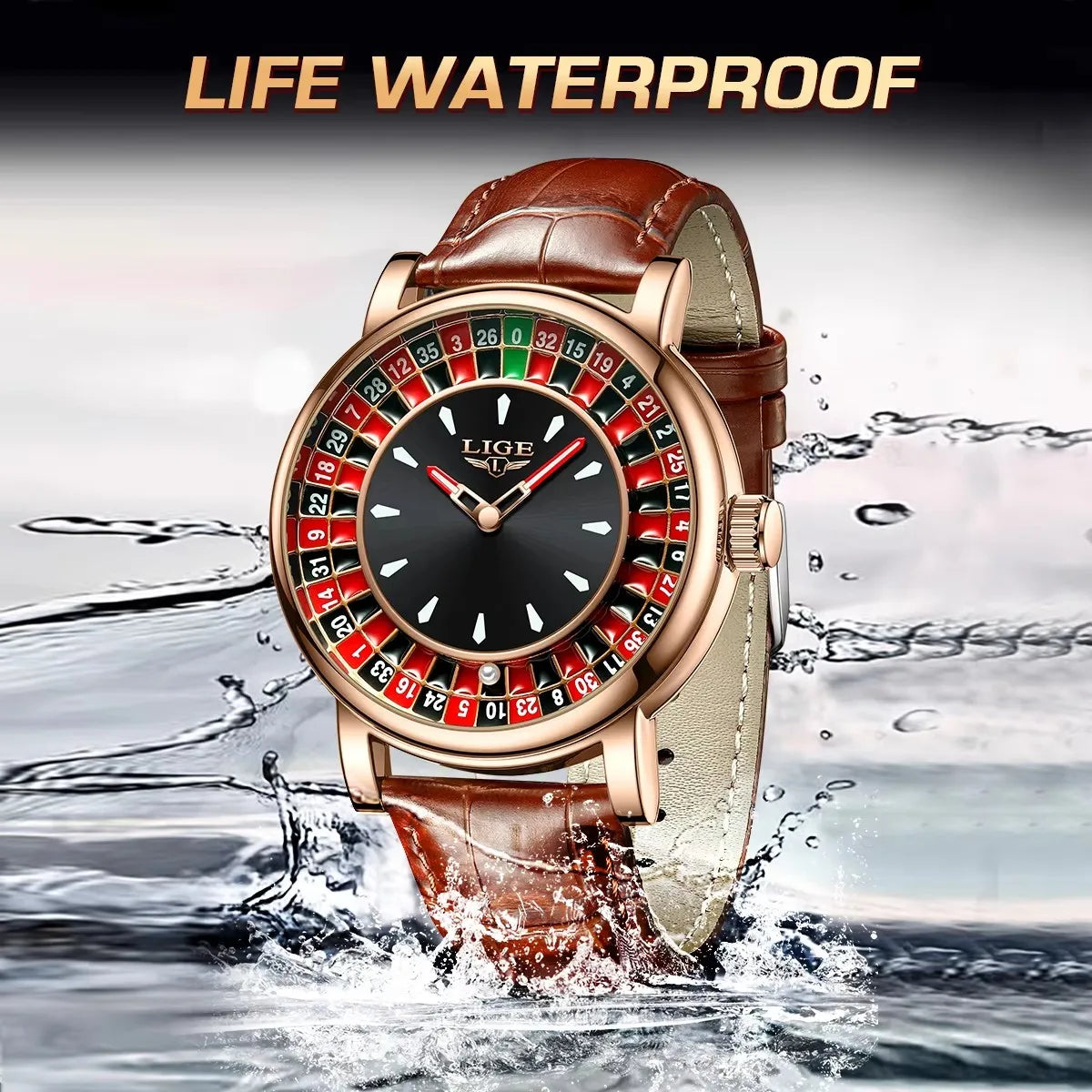 LIGE Russian Roulette Dial Man Watch Creative Dial Wheel Man Wristwatches Business Leather Luminous Rotatable Lucky Ball Watch