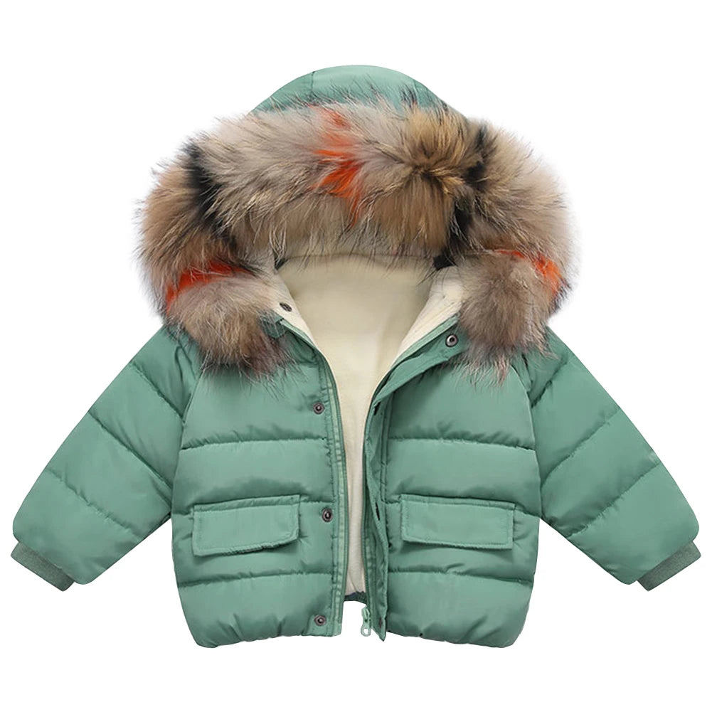 Toddler Baby Down Cotton Jacket,Faux Fur Hood Plush Girls Boys Snowsuit,Thick Fleece Warm Puffer Coat,Winter Children's Outwear