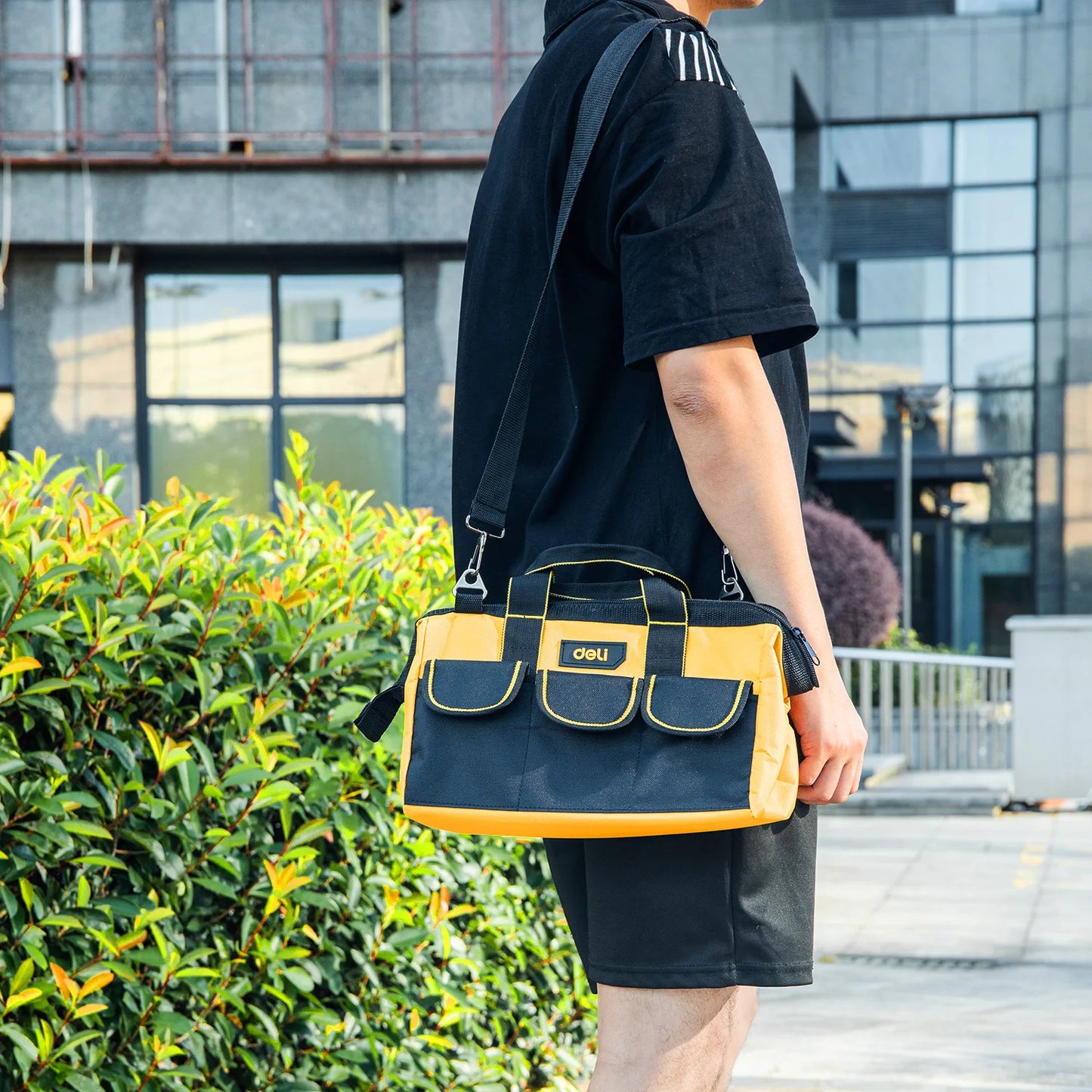 Deli 13in Yellow Tool Bag with Shoulder Strap, Durable Multi-Compartment Design, Portable and Convenient for Carrying Tools