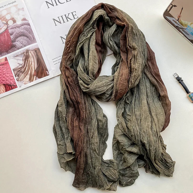 Retro Ethnic Style Cotton and Linen Scarf Women Tie-dye Long Folds Gradual Change Color Shawl Korean Literary Fresh Cotton Silk