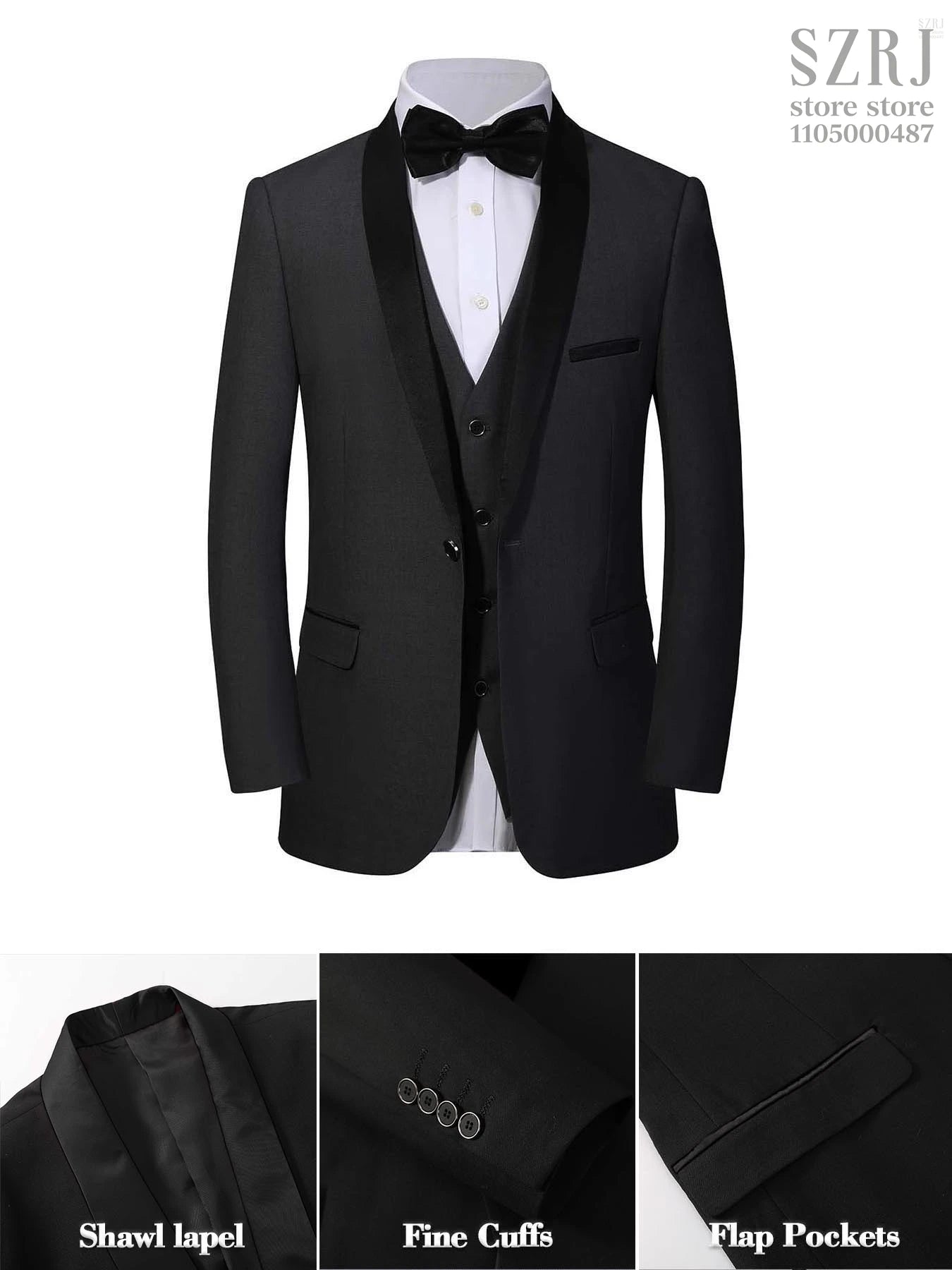 4pcs Men's Suit: Blazer, Vest, Pants, Black Tie.  One Button, Plain Color Tuxedo. Regular Fit. For Wedding, Groomsman Attire.
