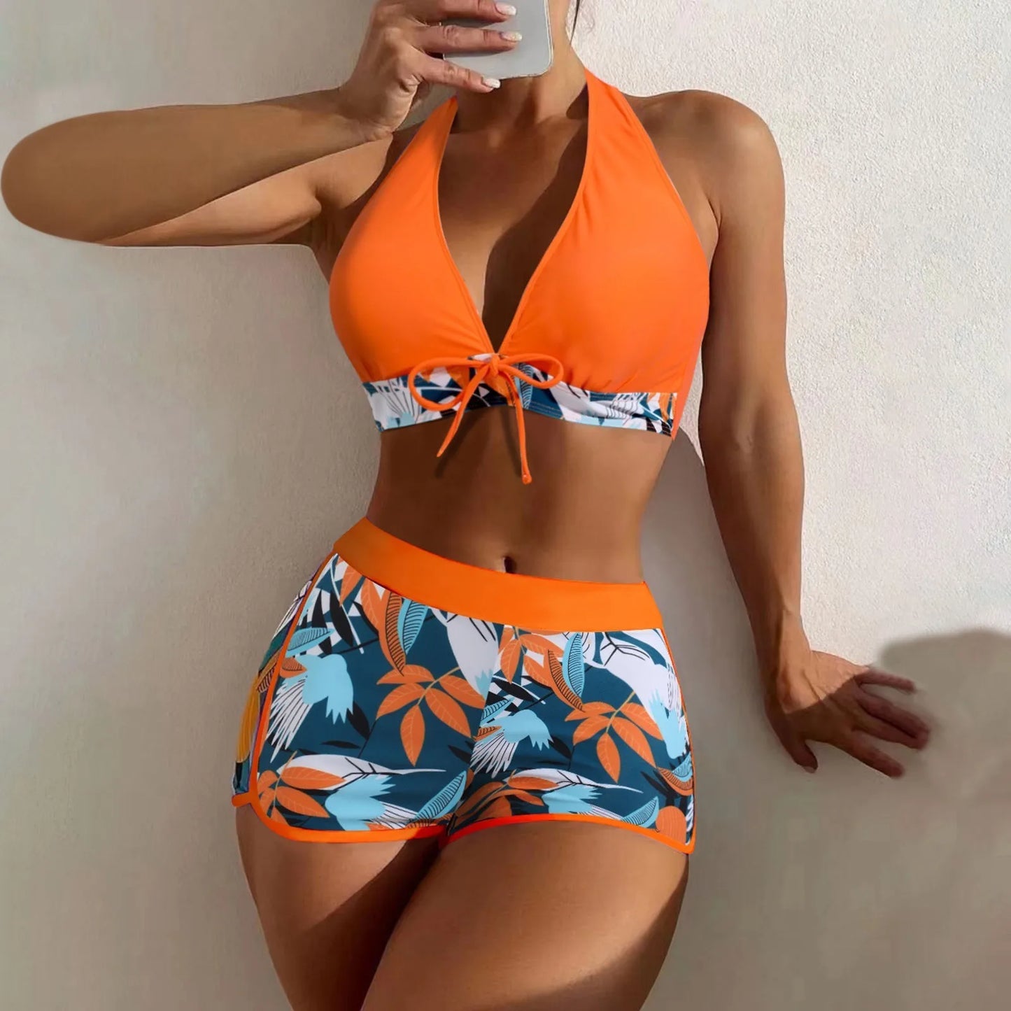 Shorts Bikinis Set  High Waist Swimsuit Women Swimwear 2 Pieces Plant Print Bathers Bathing Swim Suit Beachwear
