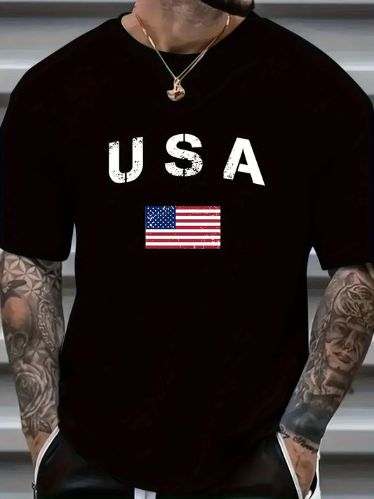 Men's American Flag USA Letter Print T-Shirt, 100% Cotton Crew Neck Short Sleeve Tee, Casual Streetwear