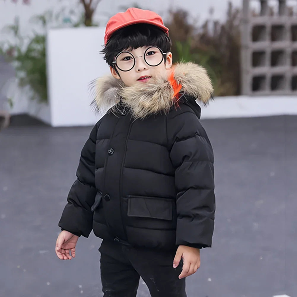 Toddler Baby Down Cotton Jacket,Faux Fur Hood Plush Girls Boys Snowsuit,Thick Fleece Warm Puffer Coat,Winter Children's Outwear