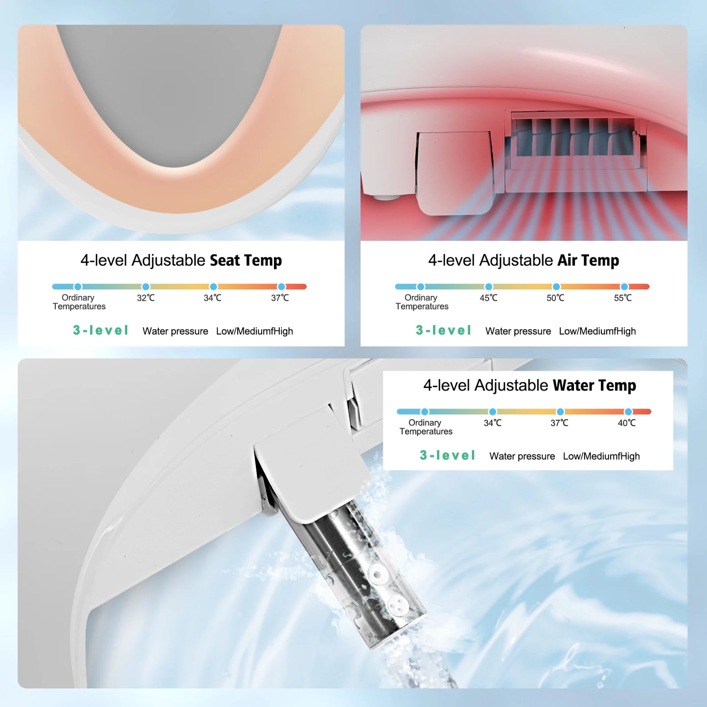 Smart Heated Bidet Toilet Seat , Unlimited Warm Water,  Warm Air Dryer, Multiple Cleaning Modes  Feminine Washing, Soft Closed T