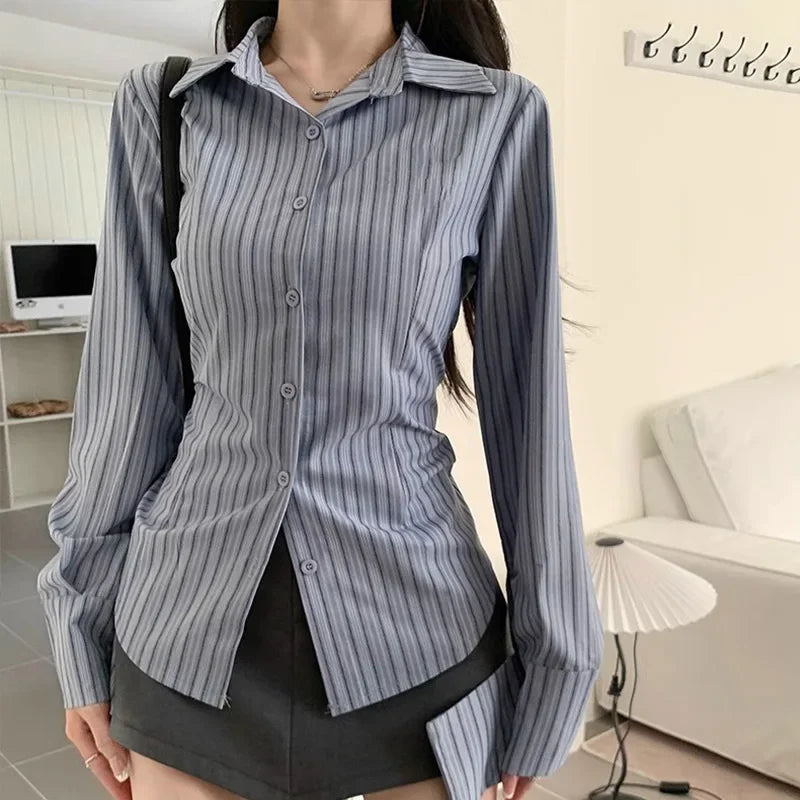 2025 Korean Blue Striped Long Sleeve Shirt Jacket Women's Spring Design Waist Cinching Slimming Top Women Clothing 한국인 후기 많은 옷