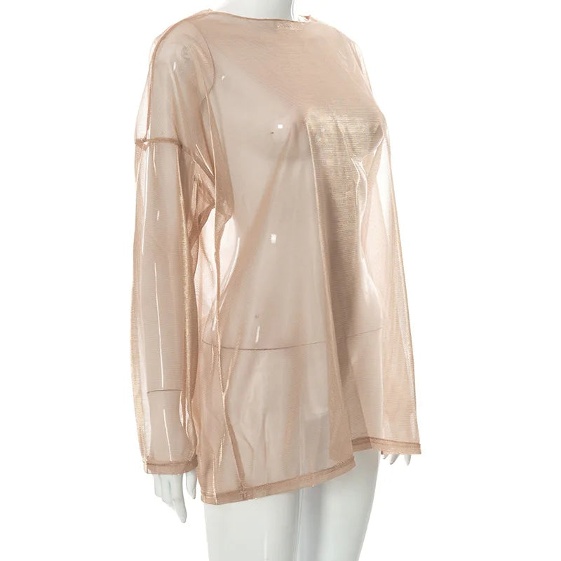 Solid See Through Tshirt Women Sexy Tops O-Neck Long Sleeve Oversized T Shirt For Women Clothing Club Y2k Aesthetic Egirl Tees