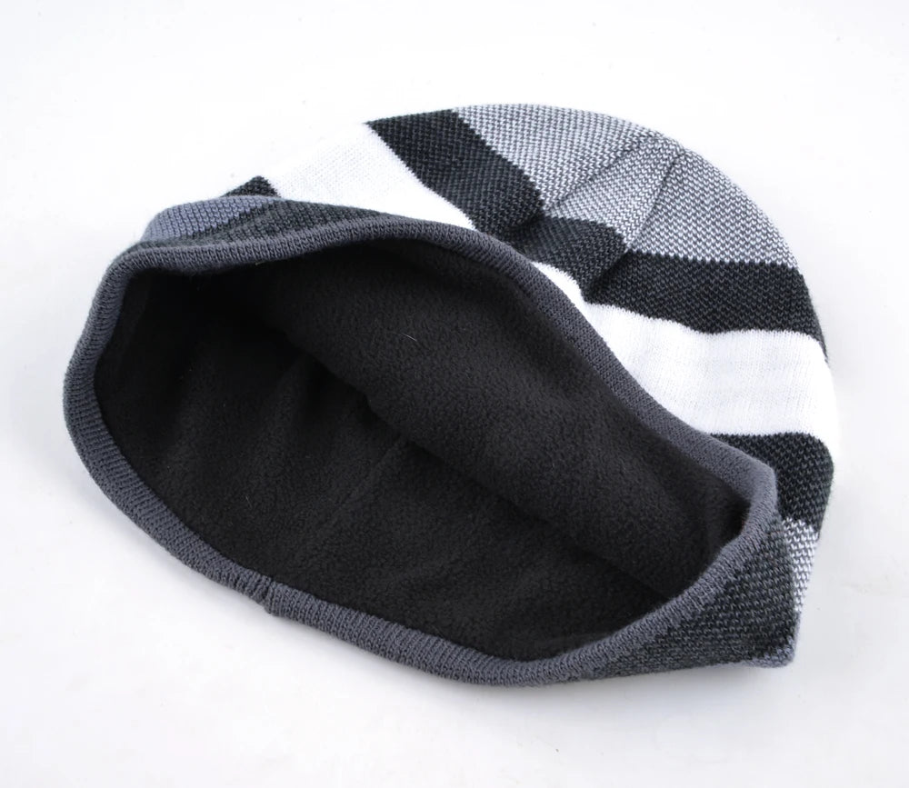 Men's Skullies Hat Bonnet Winter Beanie Knitted Wool Hat Plus Velvet Cap Thicker Stripe Skis Sports Beanies Hats for men