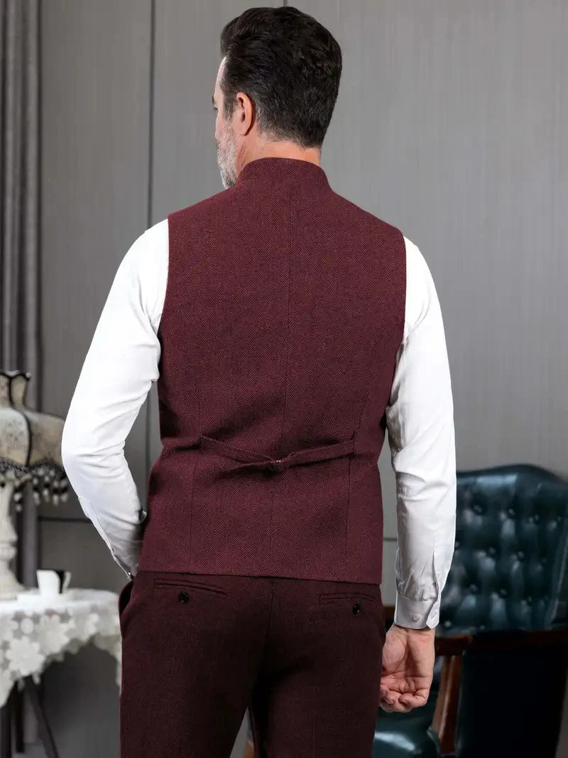 Elegant Slim Fit Tweed Wool Vests Suits Men's Suit Business Tweed High Collar Waistcoats Slim Fit Herringbone Vests