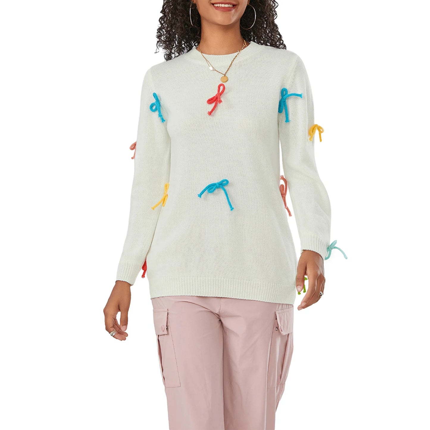 Women Cute Sweaters Casual Colorful Bow Warm Long Sleeve Pullover Basic Knitwear for Fall Streetwear