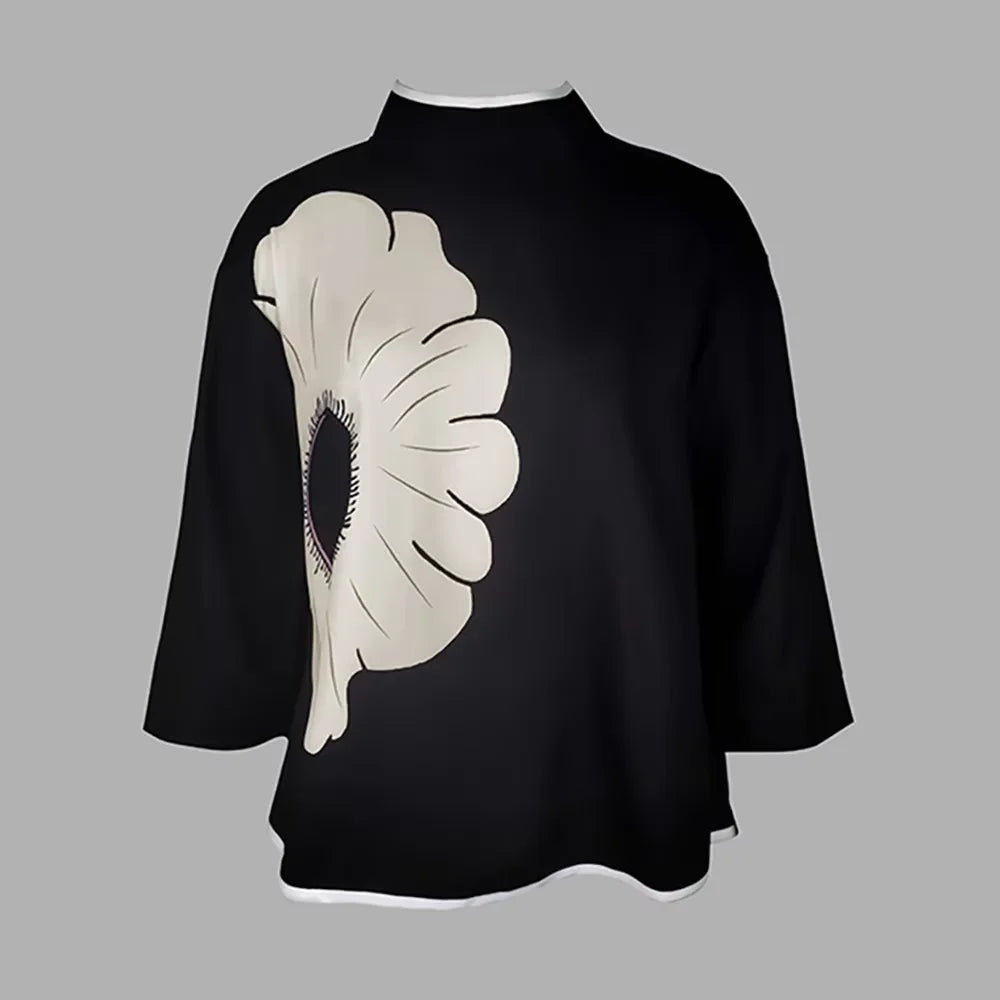 FashionWomen's Flower Printed Clothes T-Shirts 2025 Mock Neck T-Shirts Summer Black Casual Autumn y2k Tops For Women 2XL