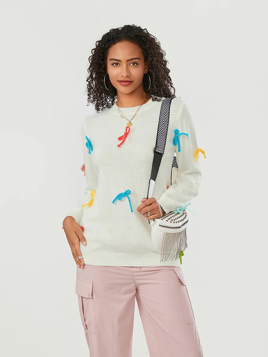 Women Cute Sweaters Casual Colorful Bow Warm Long Sleeve Pullover Basic Knitwear for Fall Streetwear