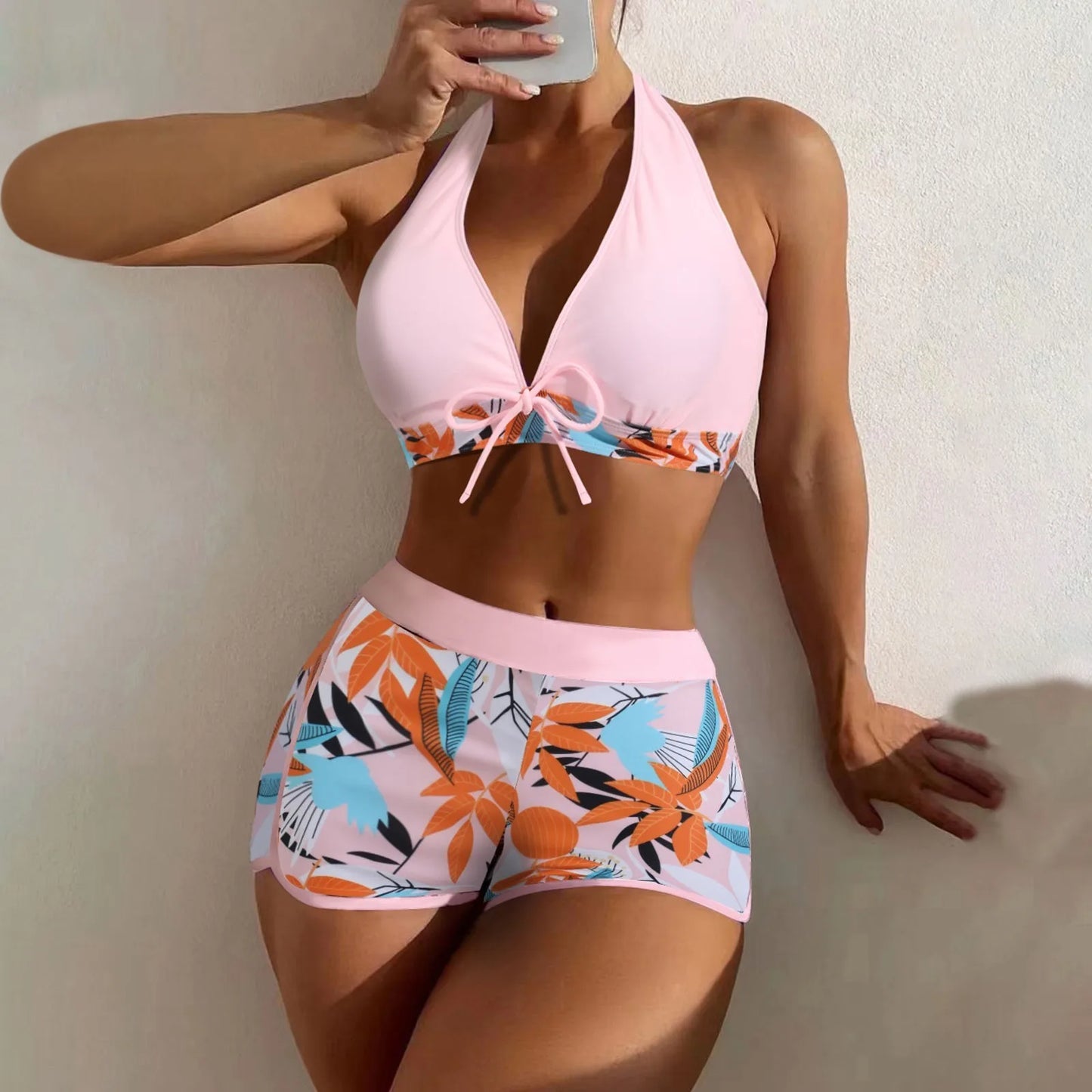 Shorts Bikinis Set  High Waist Swimsuit Women Swimwear 2 Pieces Plant Print Bathers Bathing Swim Suit Beachwear