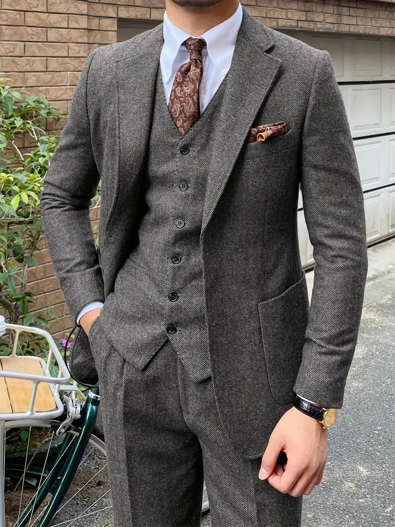 Elegant 3pcs Men's Tweed Suits Wool Blend Herringbone Western Vintage Wedding Formal Events (Jacket+Vest+Pants)