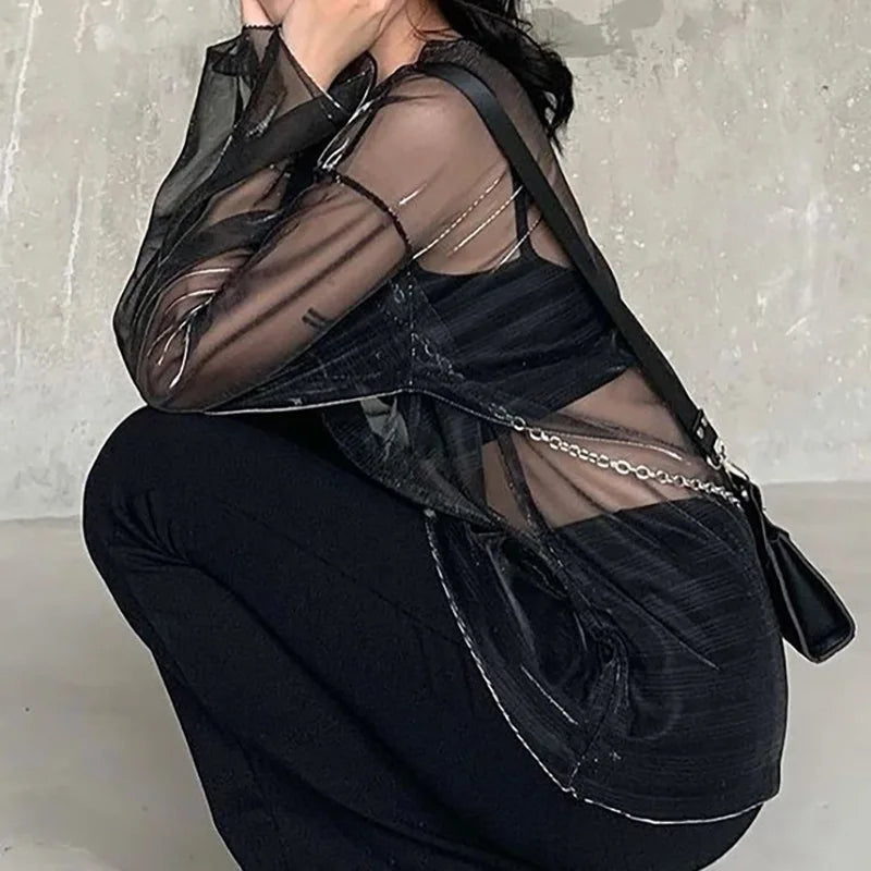 Solid See Through Tshirt Women Sexy Tops O-Neck Long Sleeve Oversized T Shirt For Women Clothing Club Y2k Aesthetic Egirl Tees