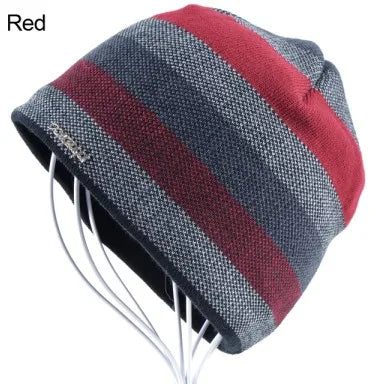 Men's Skullies Hat Bonnet Winter Beanie Knitted Wool Hat Plus Velvet Cap Thicker Stripe Skis Sports Beanies Hats for men