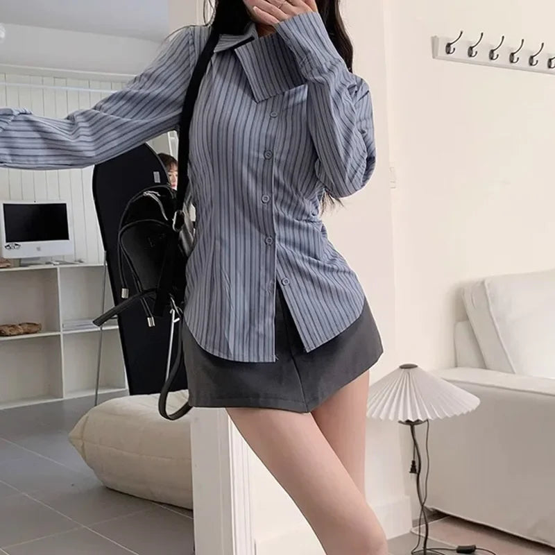 2025 Korean Blue Striped Long Sleeve Shirt Jacket Women's Spring Design Waist Cinching Slimming Top Women Clothing 한국인 후기 많은 옷
