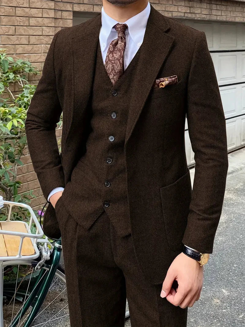 Elegant 3pcs Men's Tweed Suits Wool Blend Herringbone Western Vintage Wedding Formal Events (Jacket+Vest+Pants)