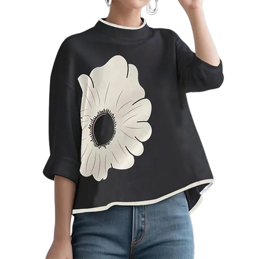 FashionWomen's Flower Printed Clothes T-Shirts 2025 Mock Neck T-Shirts Summer Black Casual Autumn y2k Tops For Women 2XL