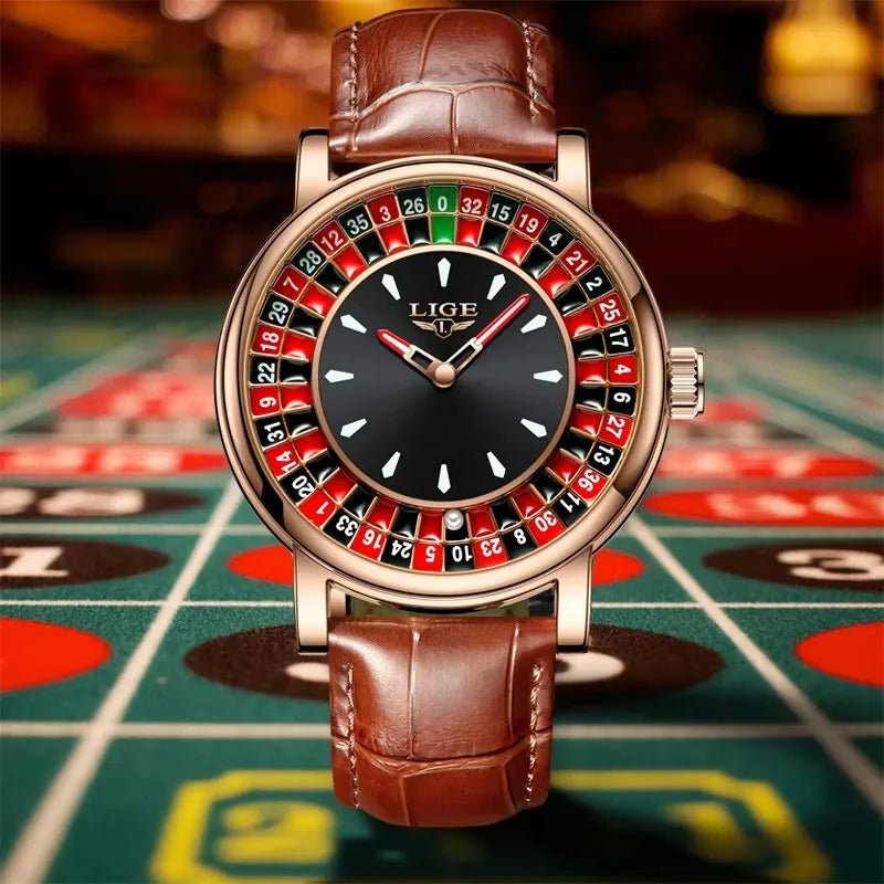 LIGE Russian Roulette Dial Man Watch Creative Dial Wheel Man Wristwatches Business Leather Luminous Rotatable Lucky Ball Watch