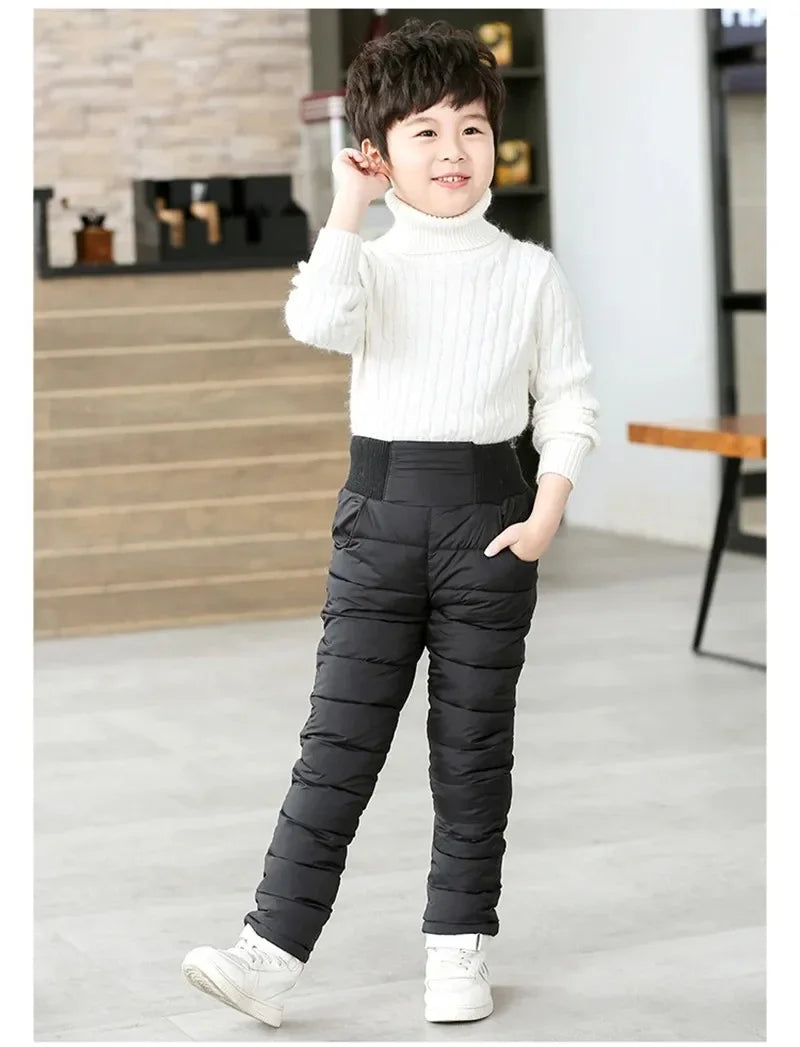 2-12Y Casual Kids Boys Girls Winter Pants Solid Children High Waist Cotton-Padded Warm Trousers Teens Waterproof Ski Thick Pants