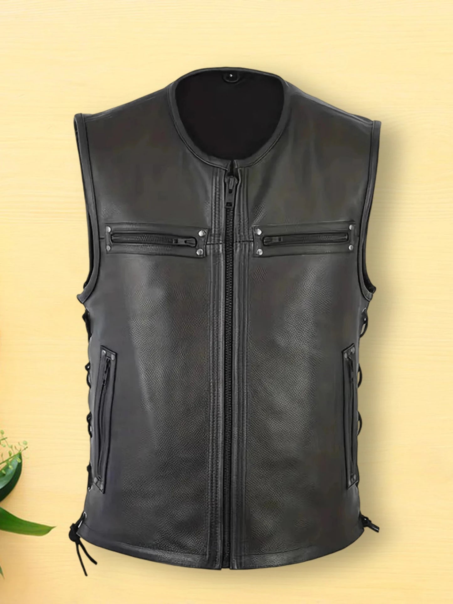 Stylish Men s Biker Vest in Genuine Leather with Multiple Pockets and Zipper Closure for a Trendy Sleeveless Look