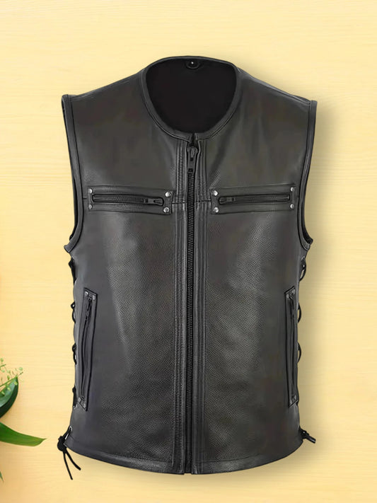 Stylish Men s Biker Vest in Genuine Leather with Multiple Pockets and Zipper Closure for a Trendy Sleeveless Look