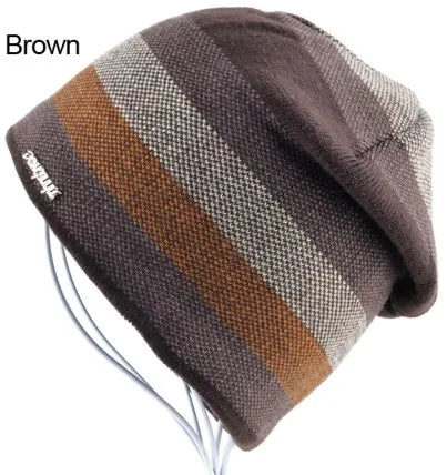 Men's Skullies Hat Bonnet Winter Beanie Knitted Wool Hat Plus Velvet Cap Thicker Stripe Skis Sports Beanies Hats for men