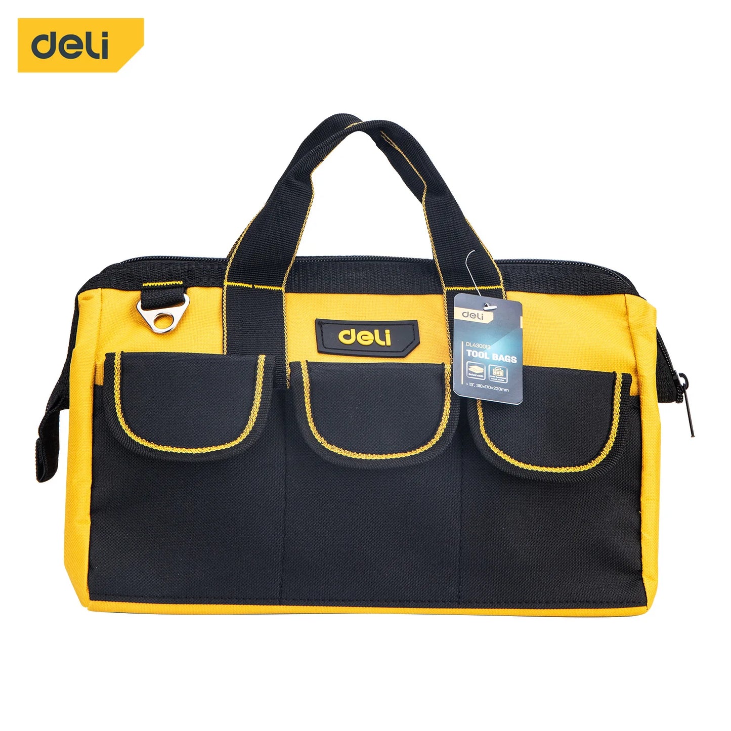 Deli 13in Yellow Tool Bag with Shoulder Strap, Durable Multi-Compartment Design, Portable and Convenient for Carrying Tools