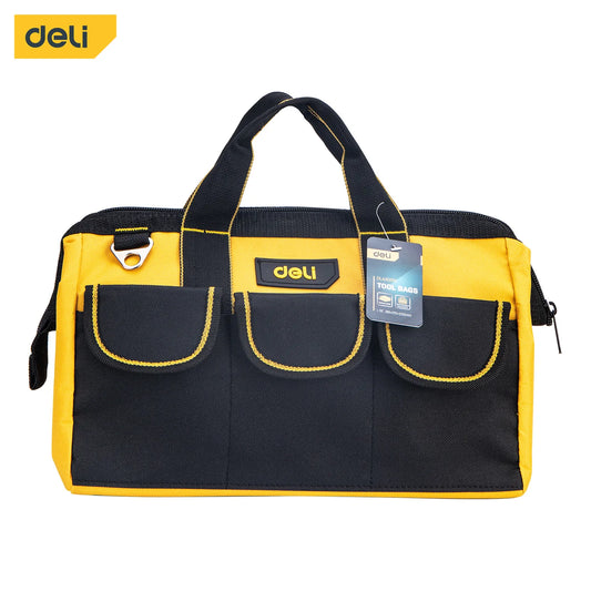 Deli 13in Yellow Tool Bag with Shoulder Strap, Durable Multi-Compartment Design, Portable and Convenient for Carrying Tools