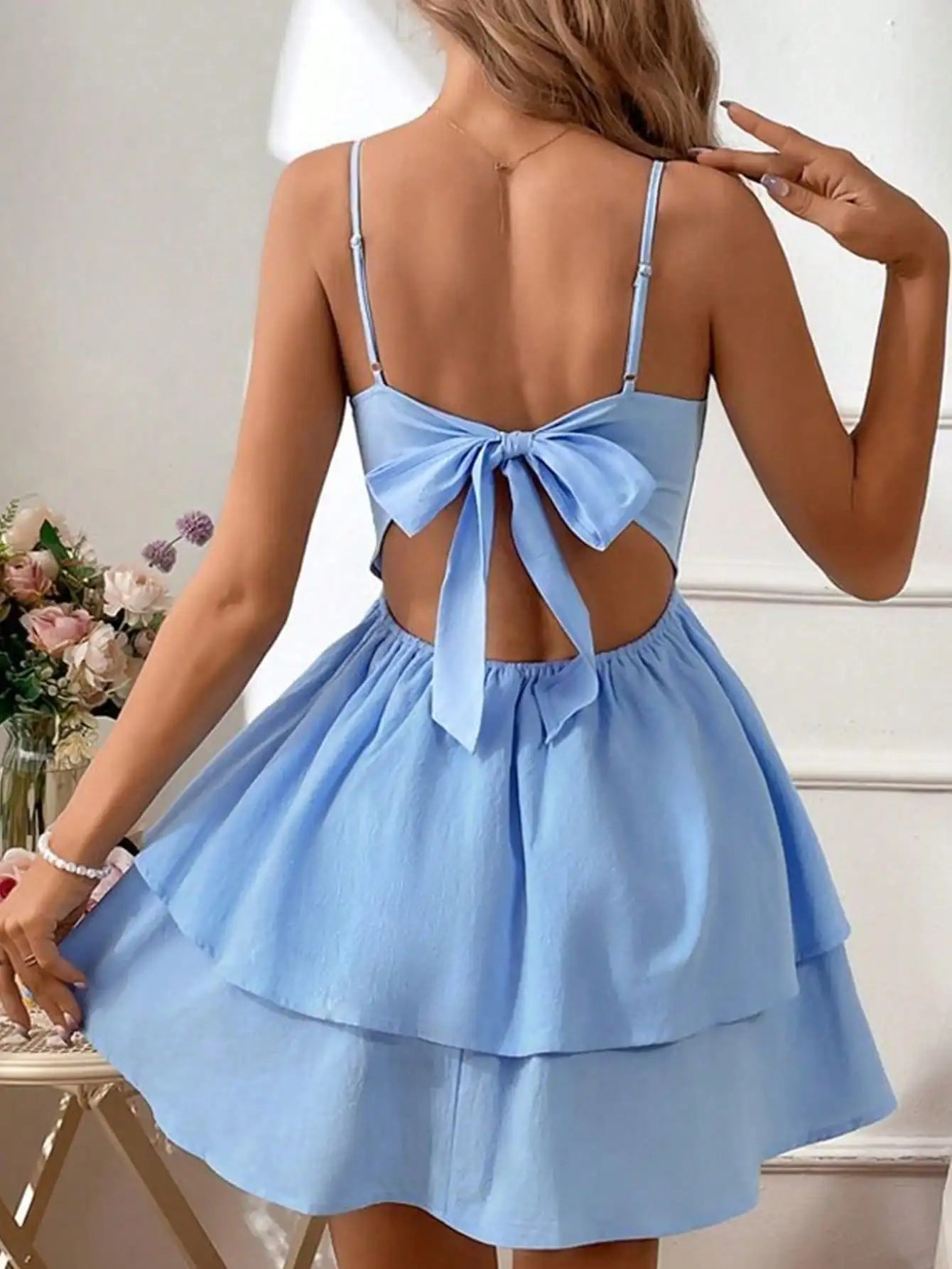 The 2025 Summer Women's Light Blue Italian Thin Strap Layered Mini Dress Is A Sexy and Cute Short Party Dress