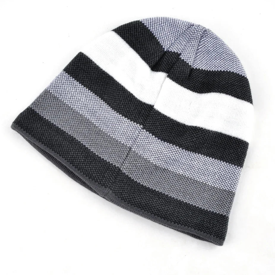 Men's Skullies Hat Bonnet Winter Beanie Knitted Wool Hat Plus Velvet Cap Thicker Stripe Skis Sports Beanies Hats for men